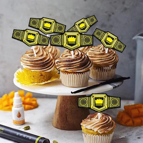 Miniatura 7 de 18 piezas de cinturón pesado con purpurina dorada para postre para cupcakes, decoración temática de campeón de lucha libre, suministros