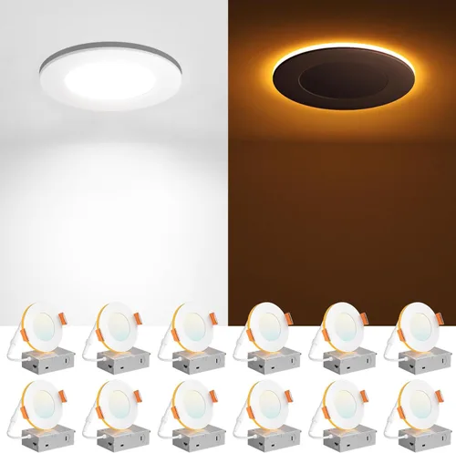 Amico paquete de 12 luces de techo empotrables de 3 pulgadas, 5 CCT, con luz nocturna, 2700K/3000K/3500K/4000K/5000K seleccionables, iluminación