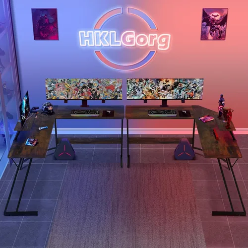 Miniatura 7 de HKLGorg Escritorio en forma de L para computadora de juegos, mesa de esquina para juegos de 50.4 pulgadas con soporte para monitor, superficie