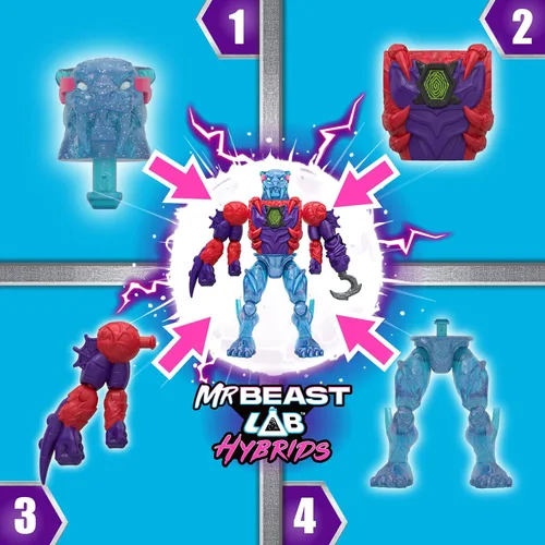 Miniatura 3 de MrBeast Lab Paquete Múltiple de Híbridos, Revela Diferentes Partes Híbridas para Crear 2 Figuras de Acción de Mezclar y Combinar, Más Partes