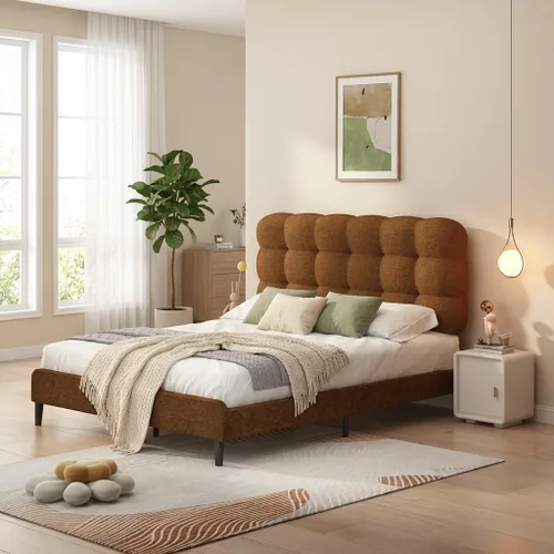 Miniatura 12 de Base de cama individual BarnFurin, cama plataforma con cabecero tapizado, base de cama de tela de bouclé suave con soporte de listones de madera