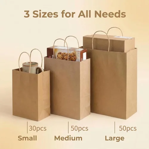 Miniatura 2 de PAICUIKE 130 bolsas de papel marrón con asas, bolsas de regalo marrones a granel, varios tamaños para fiestas, venta al por menor y uso comercial