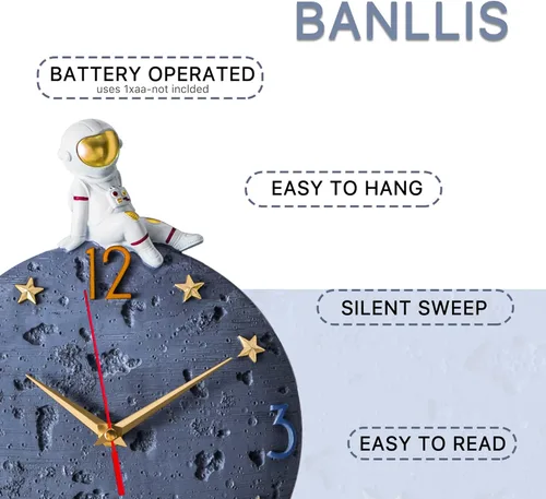 Miniatura 4 de Reloj de pared con temática espacial, reloj de pared con luna de astronauta, reloj silencioso moderno de 12 pulgadas para habitación de niños