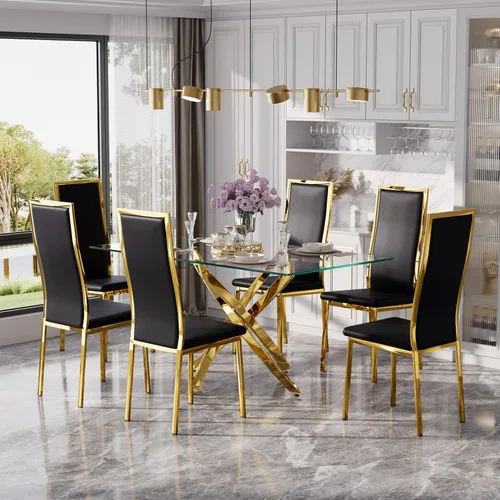 Juego de mesa de comedor de cristal dorado moderno de 63 pulgadas para 6, juego de mesa de cocina rectangular de 7 piezas con patas de acero Negro y