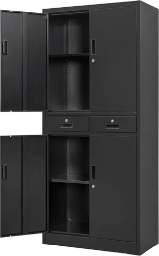 Wanfu Gabinete de almacenamiento de metal, gabinete de almacenamiento con bloqueo de 71 pulgadas con estantes ajustables y 2 cajones, gabinetes de