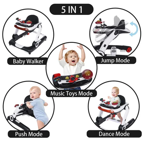 Miniatura 2 de Kinder King Andador para bebés con música y luces, 5 en 1 caminante de actividad para bebés con rueda, altura y asiento ajustables, asiento de Negro