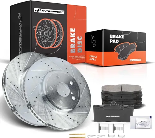 A-Premium Juego de rotores de freno de disco perforados y ranurados delanteros + pastillas de cerámica compatible con modelos seleccionados de Lexus
