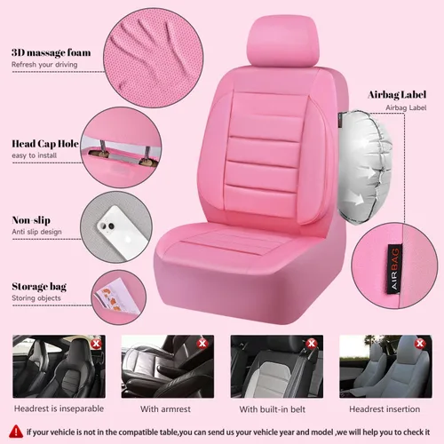 Miniatura 8 de CAR PASS Fundas de Asiento de Cuero Rosa Juego Completo Universal Resistente al Agua Soporte de Respaldo de Espuma 3D, Comodidad de Lujo Automotriz