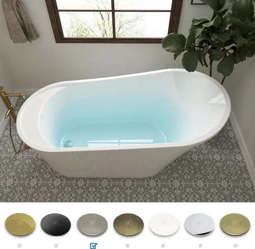 Miniatura 3 de FerdY Langkawi - Bañera de acrílico independiente de 59 pulgadas, color blanco, moderna bañera de remojo sola, certificado cUPC, drenaje de níquel