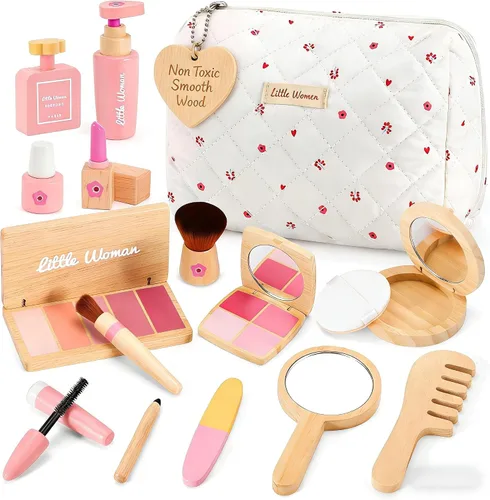 Set de juguetes de maquillaje de madera para niñas: juego de maquillaje de simulación para niños pequeños de 3 a 5 años - Set de maquillaje para