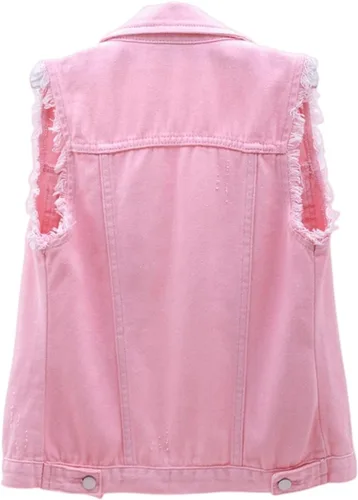 Miniatura 2 de JiangWu Chaleco de mezclilla para mujer, sin mangas, con botones, rasgado, casual