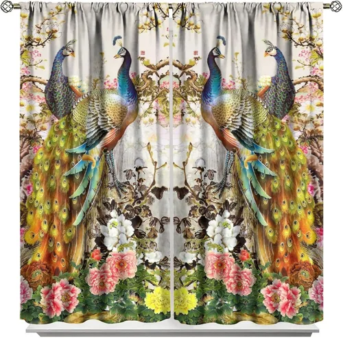 Miniatura 56 de Cortina opaca con estampado de pavo real, con estampado de animales retro, con bolsillo para cortinero y flores de peonía doradas, para dormitorio