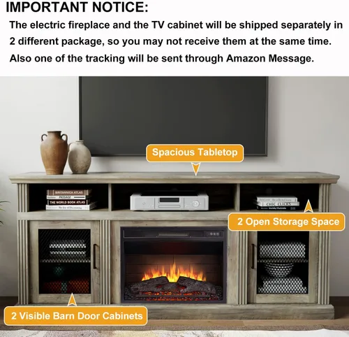 Miniatura 5 de Cheerway Soporte de TV con chimenea 3D para televisores de hasta 65 pulgadas, mesa de centro de entretenimiento multimedia de madera y gabinetes