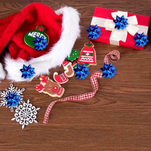 Miniatura 6 de Iceyyyy 100 mini lazos de regalo de estrella metálica azul de 1 pulgada, pequeños lazos adhesivos para decoración de fiestas de Navidad, decoración