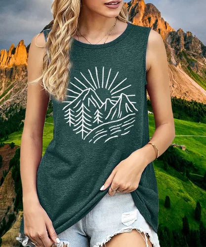 Miniatura 4 de Camisetas sin mangas de senderismo y montaña para mujer, divertidas camisetas de entrenamiento con gráficos de pino y amanecer, camisetas de verano