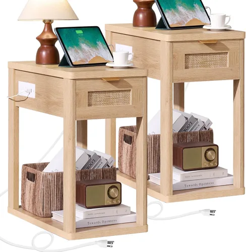 Miniatura 17 de LEYAOYAO Mesa auxiliar estrecha con estación de carga, mesita de noche de ratán con almacenamiento de cajones, mesa auxiliar de noche de madera