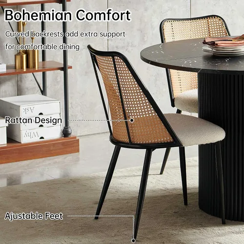 Miniatura 7 de NORDICANA Juego de comedor para 4 personas, moderno juego de sillas de mesa de cocina de 4 asientos con asiento beige y respaldo de ratán, mesa
