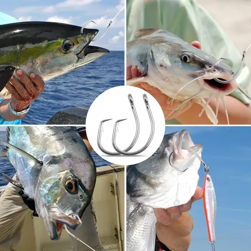 Miniatura 8 de Ganchos circulares de pesca de agua salada, 20 ganchos circulares en línea de acero inoxidable, 2 ganchos grandes extra fuertes, ganchos circulares