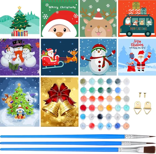 Kosiz Paquete de 10 pinturas navideñas por números para niños y adultos, kits de pintura al óleo de 8 x 8 pulgadas, arte de lienzo de acuarela fácil