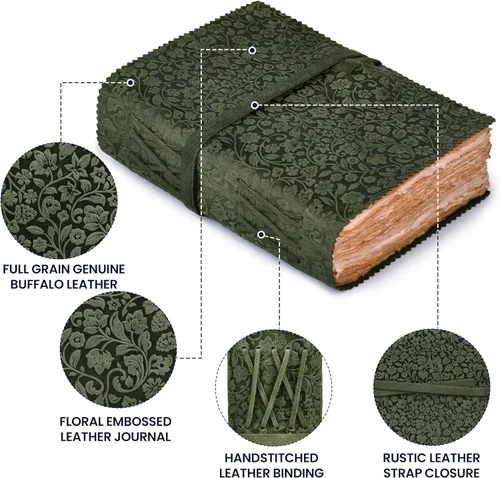 Miniatura 3 de LEATHER VILLAGE Diario de Cuero con Relieve Floral para Mujeres y Hombres - 200 Páginas, 6"X4"(A6), Aqua - Libro de Sombras, Diario de Viaje