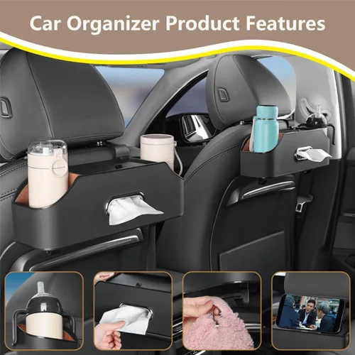 Miniatura 3 de Organizador de asiento trasero de automóvil con 2 portavasos para bebidas, soporte para pañuelos, ganchos para asiento de automóvil