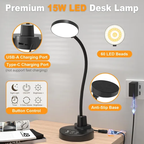 Miniatura 8 de Lámpara de escritorio LED de 15W con puertos de carga USB – Lámpara de mesa regulable con 3 temperaturas de color, 5 niveles de brillo, 4