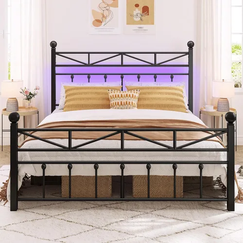 Miniatura 3 de EnHomee Base de cama de plataforma de metal tamaño Queen, cabecero alto de 54" y luces LED, cabecero y piecero vintage victoriano, almacenamiento