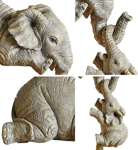 Miniatura 8 de Juego de 3 estatuas de elefante, resina para colgar 2 elefantes en el borde, escultura de elefantes de la suerte colgando del borde de un estante