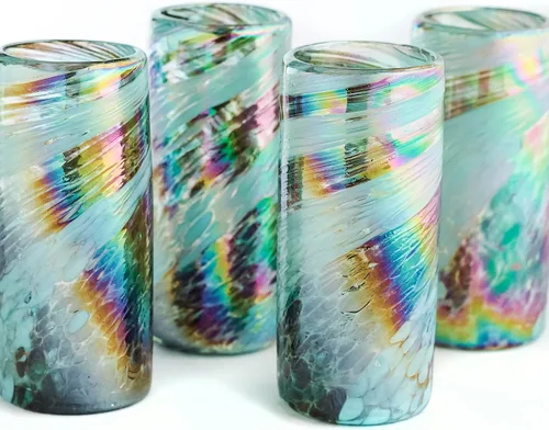 Miniatura 22 de Specialty - Vasos de tequila mexicanos, soplados a mano con color y textura únicos, juego de 4 piezas (borde azul)