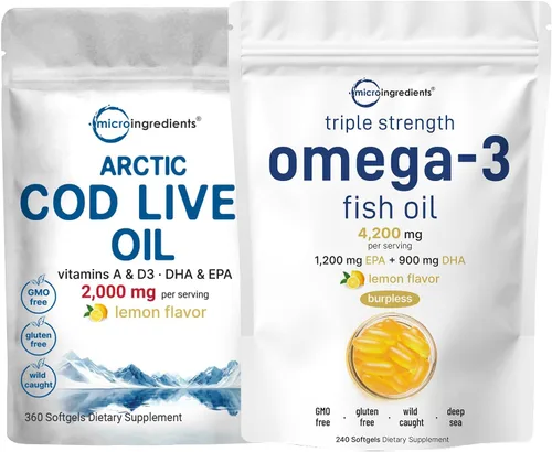 Suplementos de aceite de pescado Omega 3 de triple fuerza, 4200 mg por porción y aceite de hígado de bacalao, 2,000 mg por porción, 360 cápsulas