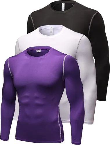 Queerier Paquete de 3 camisetas de compresión para hombre, camisetas de manga larga para hombre, camiseta térmica deportiva