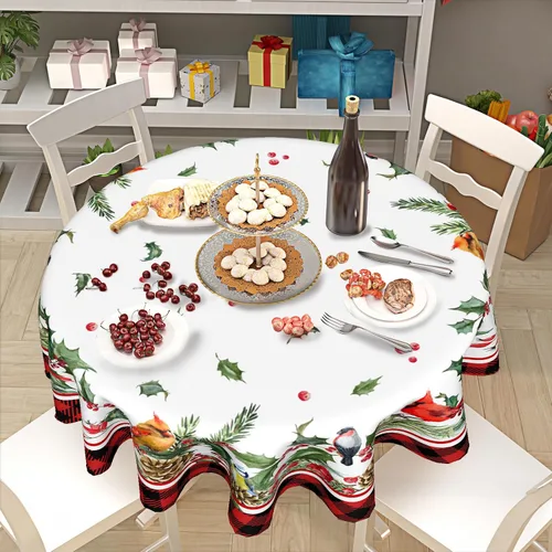 Miniatura 7 de Giwawa Mantel Redondo de Invierno con Aves para Navidad de 60 Pulgadas, con Bayas de Acebo y Piña, Diseño de Buffalo Plaid en Rojo y Negro