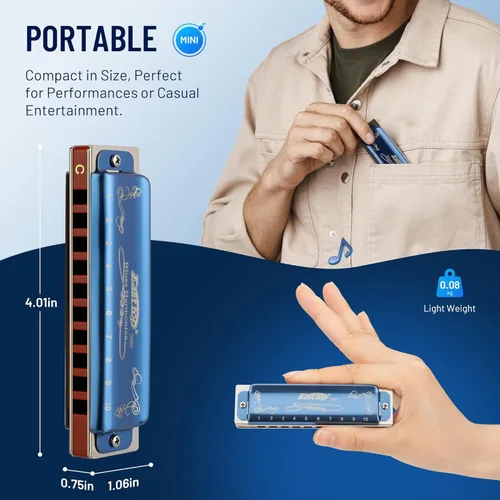 Miniatura 4 de East top - Armónica llave de C, armónica de 10 agujeros 008K diatónica con estuche azul, armónica estándar para adultos, profesionales, Azul-C