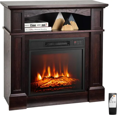 Tangkula Chimenea eléctrica de 32 pulgadas con repisa, calentador independiente de 1400 W con control remoto y brillo ajustable, chimenea