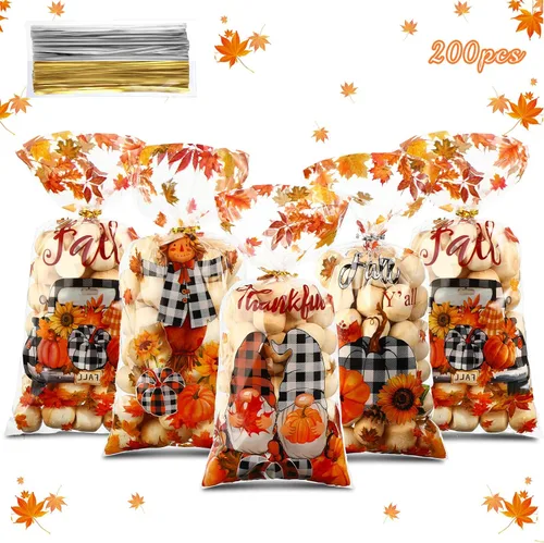 Miniatura 3 de 200 bolsas de regalo de Acción de Gracias, bolsas de celofán de otoño, bolsas de golosinas a cuadros de otoño, hojas de arce, calabaza, bolsas
