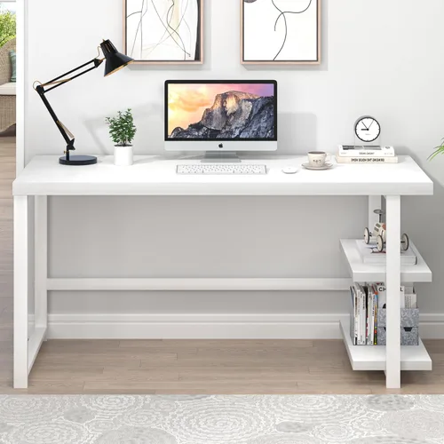 Miniatura 7 de EXCEFUR Escritorio blanco para computadora, moderno escritorio de oficina en casa con estante de almacenamiento, mesa de estudio de escritura