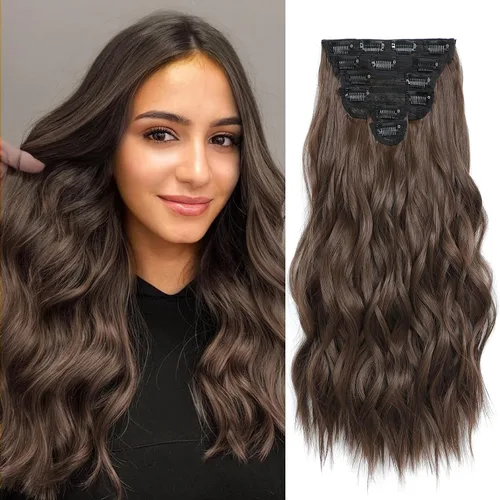Miniatura 24 de Extensiones de cabello con clip para mujer, negro natural con reflejos marrones, 20 pulgadas, 6 piezas, extensiones de cabello largo, ondulado