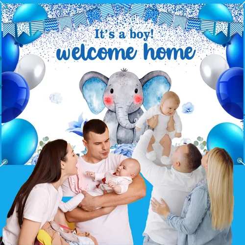 Miniatura 6 de Cartel de revelación de género con texto en inglés "I'm a Boy" para fiesta de baby shower, cabina de fotos, decoración de fondo de elefante azul