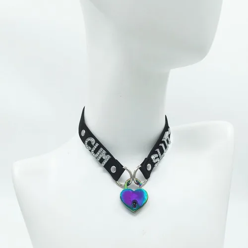 Miniatura 4 de Collar de candado de corazón hecho a mano para mujer, con llave, estilo gótico, punk, con letras de terciopelo y llavero de cuero