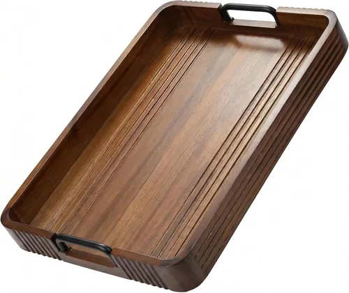 Bandeja de madera de acacia con asas de metal, 17 x 13 pulgadas, bandeja decorativa para mesa de centro y bandeja otomana, almohadillas