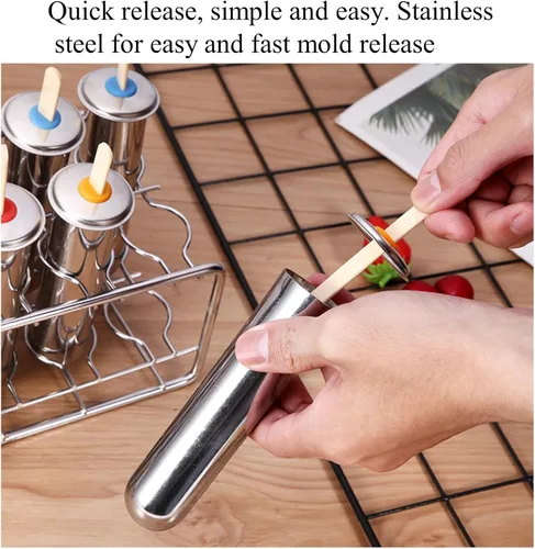 Miniatura 5 de 10 moldes de acero inoxidable para paletas y moldes para paletas de helado con 10 máquinas redondas de paletas de hielo + 100 palos de bambú Plata
