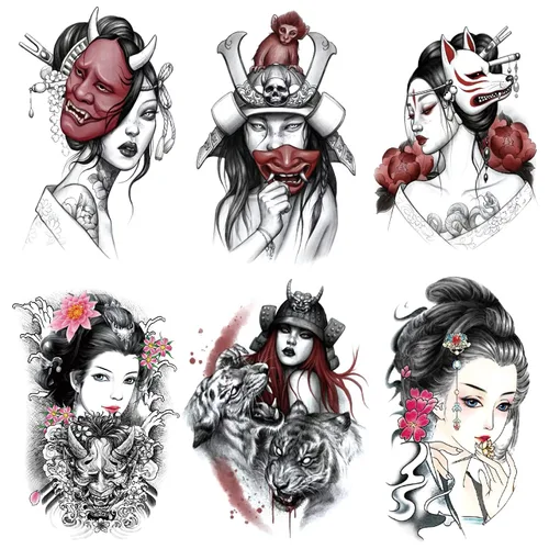 Miniatura 10 de 6 hojas de brazo falso impermeable cuerpo arte temporal tatuajes pegatinas negro japonés geisha samurai mujeres flor loto TBS-04