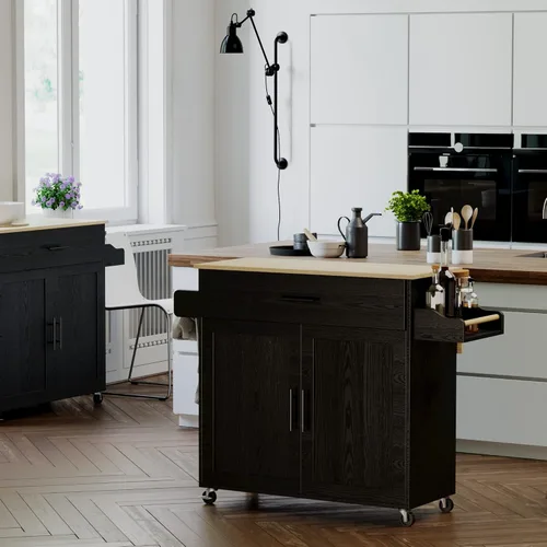 Miniatura 9 de IRONCK - Mesa de isla de cocina rodante con ruedas, hoja abatible, gabinete de almacenamiento, cajón, estante para especias/toallas, carro de Negro