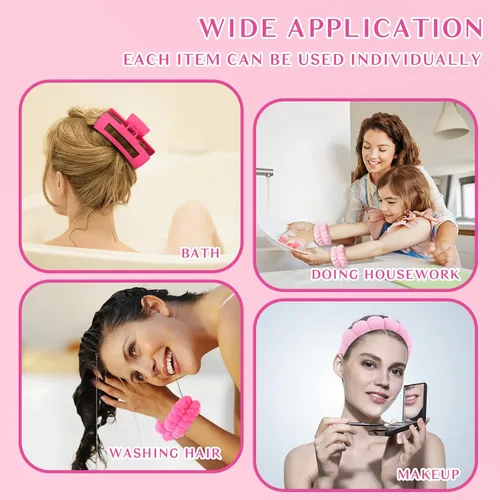 Miniatura 4 de Wecoe Juego de diadema y pulsera para el cuidado de la piel para el cuidado de la piel, pinzas para cabello grueso, esponja hinchada con burbujas
