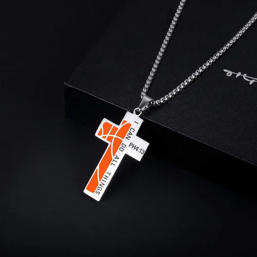 Miniatura 2 de Susook Basketball Cross Necklace for Boys Bible Verse I CAN DO All Things Stainless Steel Sport Pendant for Men