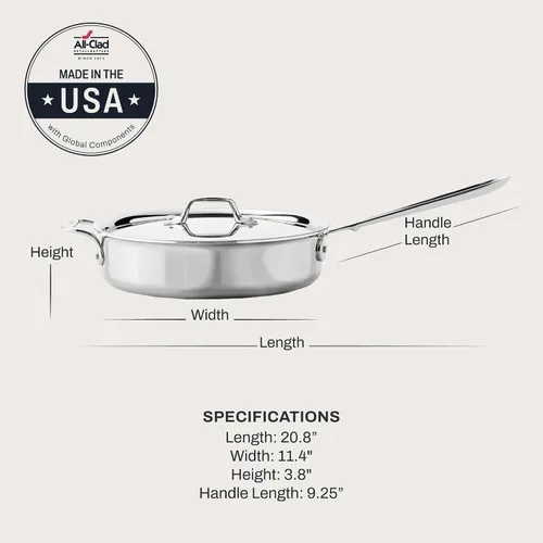 Miniatura 2 de All-Clad D3 Sartén Salteadora de Acero Inoxidable de 3 Capas con Tapa y Mango 3 Cuartos, Inducción, Apto para Horno y Parrilla 600F