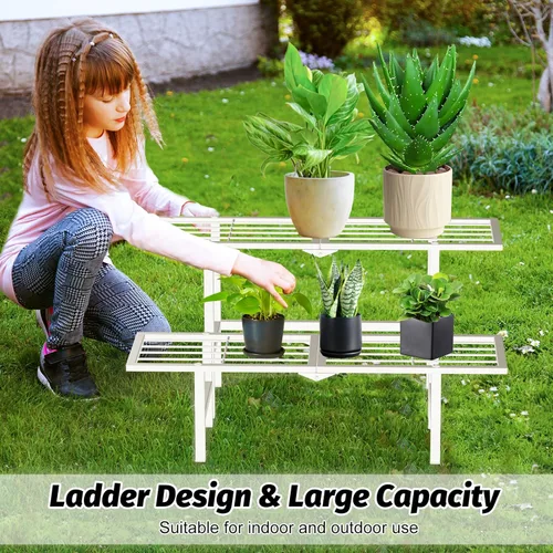 Miniatura 2 de Soporte de metal de 2 niveles para plantas para exteriores e interiores, estante plegable separado para plantas al aire libre, soporte de escalera