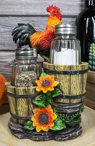 Miniatura 8 de Ebros Girasol Granja Gallo de pie en la valla por cubos de madera antiguos de cristal Salero y Pimentero Figura de soporte 6.5 pulgadas de alto