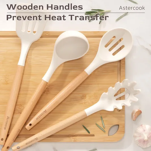 Miniatura 5 de Astercook Juego de utensilios de cocina, 39 piezas de utensilios de cocina de silicona con mango de madera, juegos de utensilios de cocina Crema