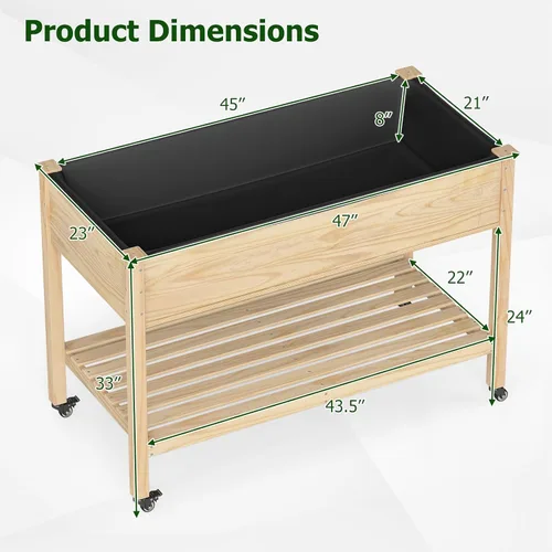Miniatura 4 de Giantex Cama de jardín elevada móvil, maceta de madera con ruedas, estante de almacenamiento y forro, cama elevada enrollable de 47 x 23 x 33